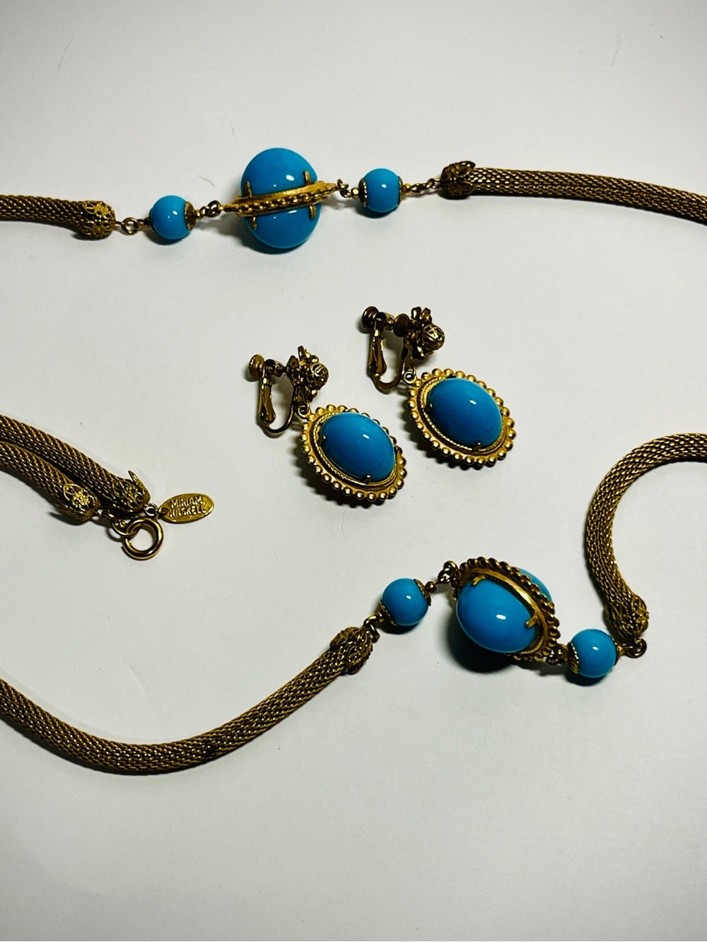 Miriam Haskell SET of SIGNED Turquoise Blue Golden Necklace & Screw Earrings VTG